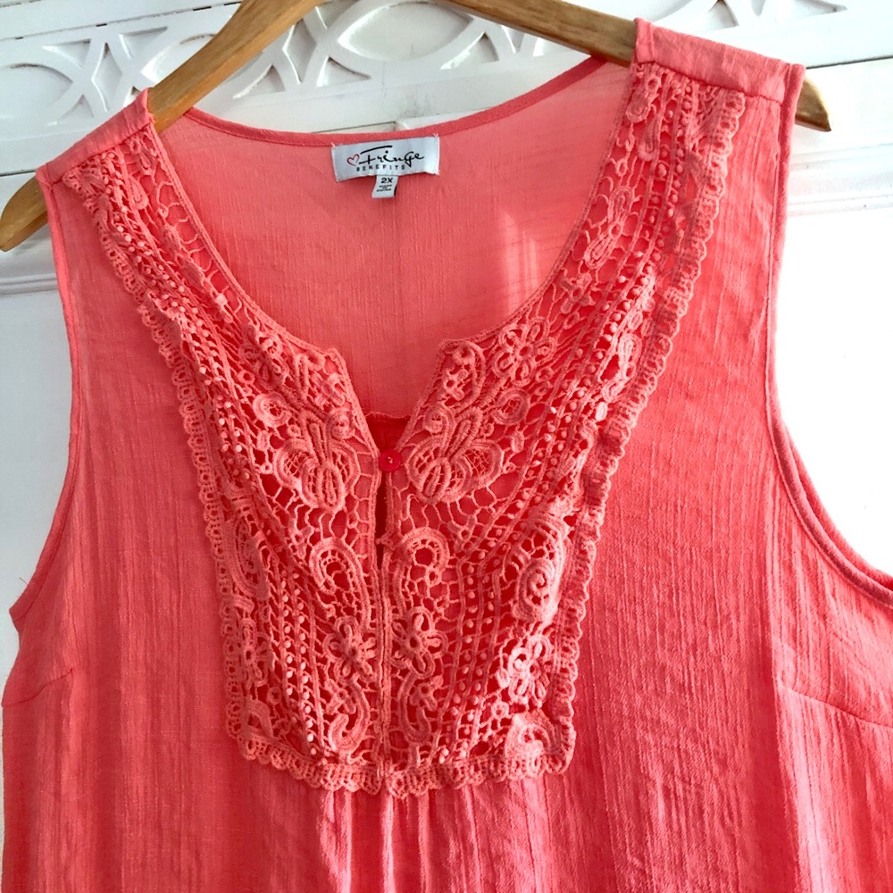 1X (XL) Coral Crochet Sleeveless Top Tank Gauzey Textured Woven